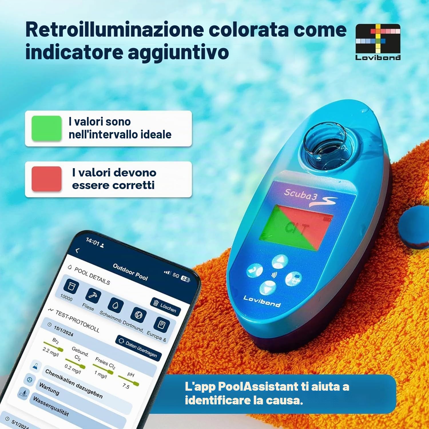 SCUBA 3s tester elettronico per piscina + confezione di ricarica - Trasferimento dati NFC collegamento app indicazione di luce - Misura 11 parametri dell'acqua - incl. 60 compresse per fotometro