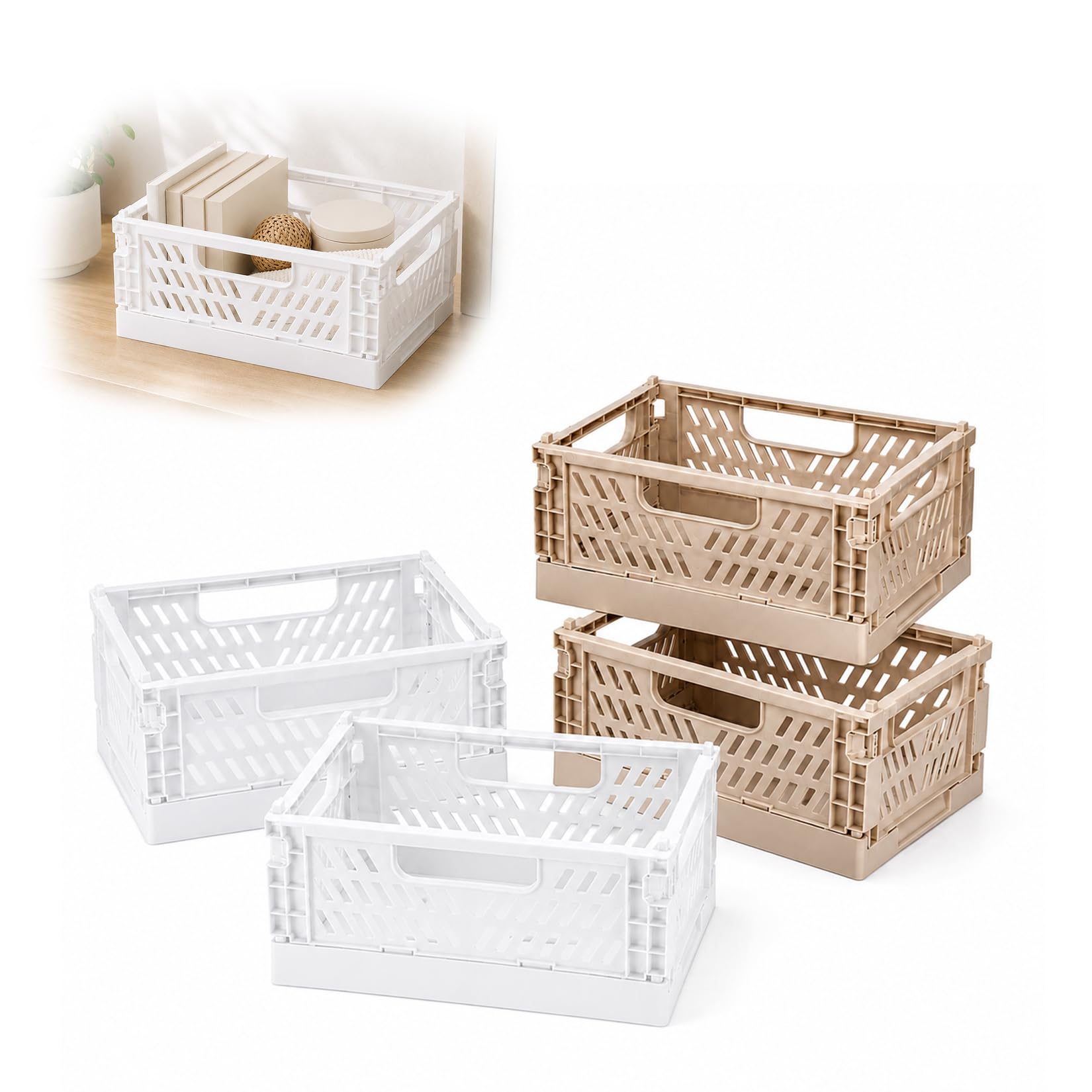 PIANKEKE 4 Pcs Collapsible Storage Boxes, Stackable Storage Baskets, Folding Crates, Foldable Basket, Plastic Foldable Crates for Office Kitchen Bathroom Cupboard Storage Organiser (Beige and White)