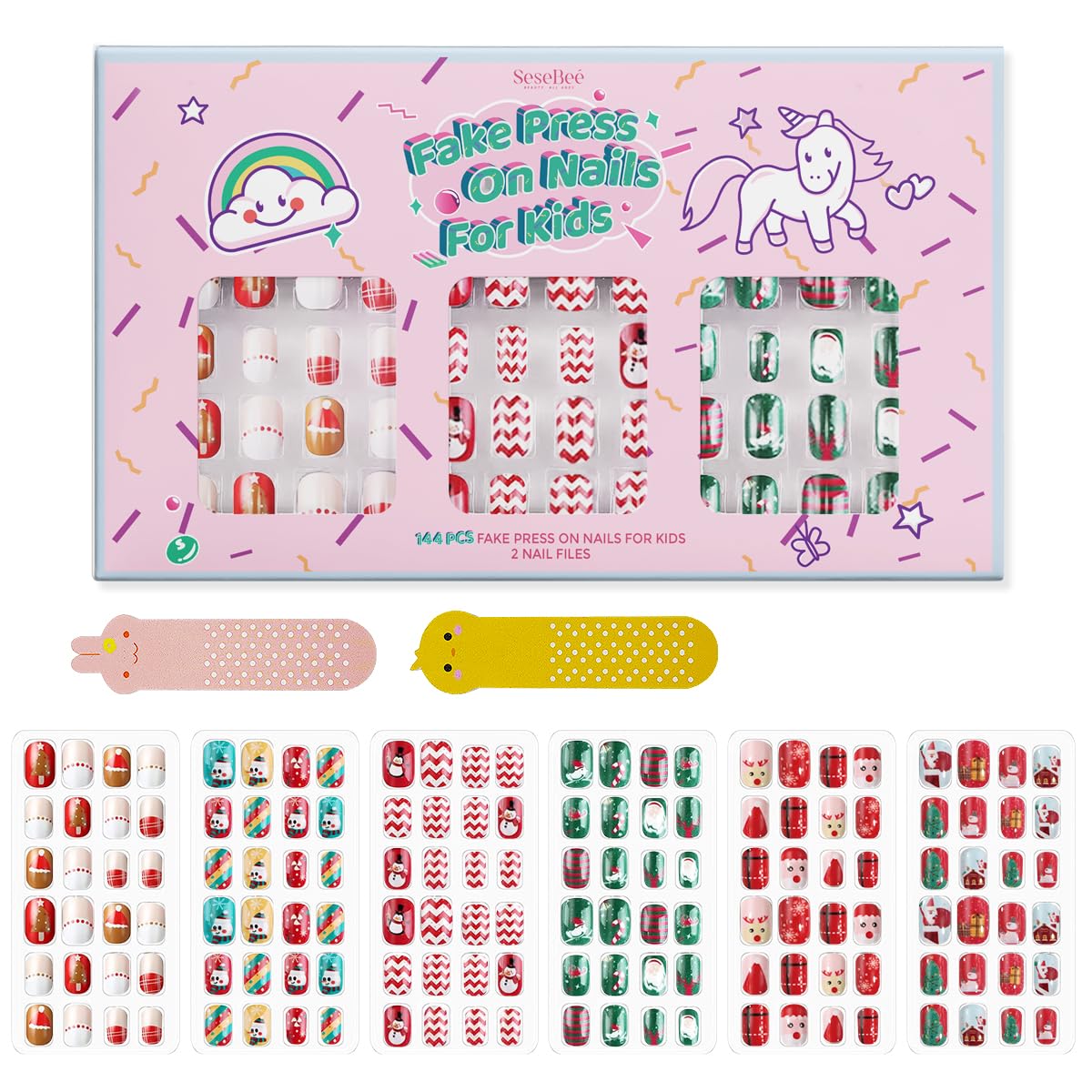 SeseBee 144Pcs Kids Press on Nails Children Girls Press on Short Artificial Fake Nails No fading Stable Quick Stick on Cute Pre Glue Full Cover Acrylic Nail Tip Kit Gift for Kids Nail Decoration