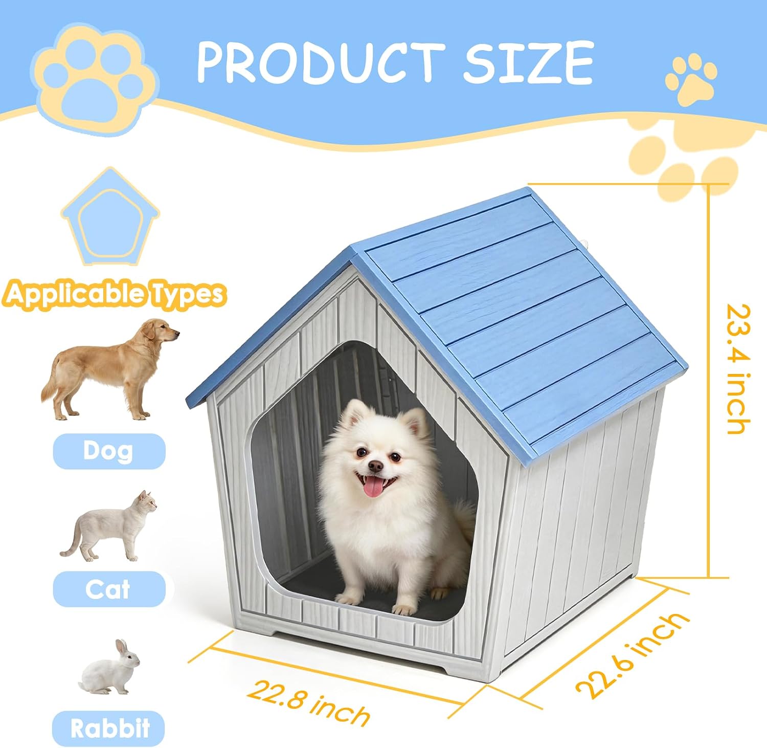 Dog House, Dog House Outdoor & Indoor, Weatherproof, Elevated Floor, 23.4" L × 22.6" W × 22.8" H Size, Cozy Kennel for Small to Medium Dogs, Easy to Assemble, Light Blue