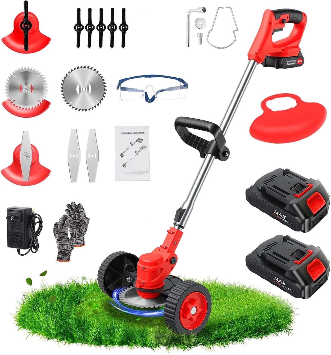 ALSO GO 24V Electric Weed Wacker, Cordless Grass Trimmer, 3 in 1 Weed Trimmer with 2pcs Batteries & Charger, Battery Powered Weed Eater/Brush Cutter/Edger with Wheels for Garden and Yard Lawn