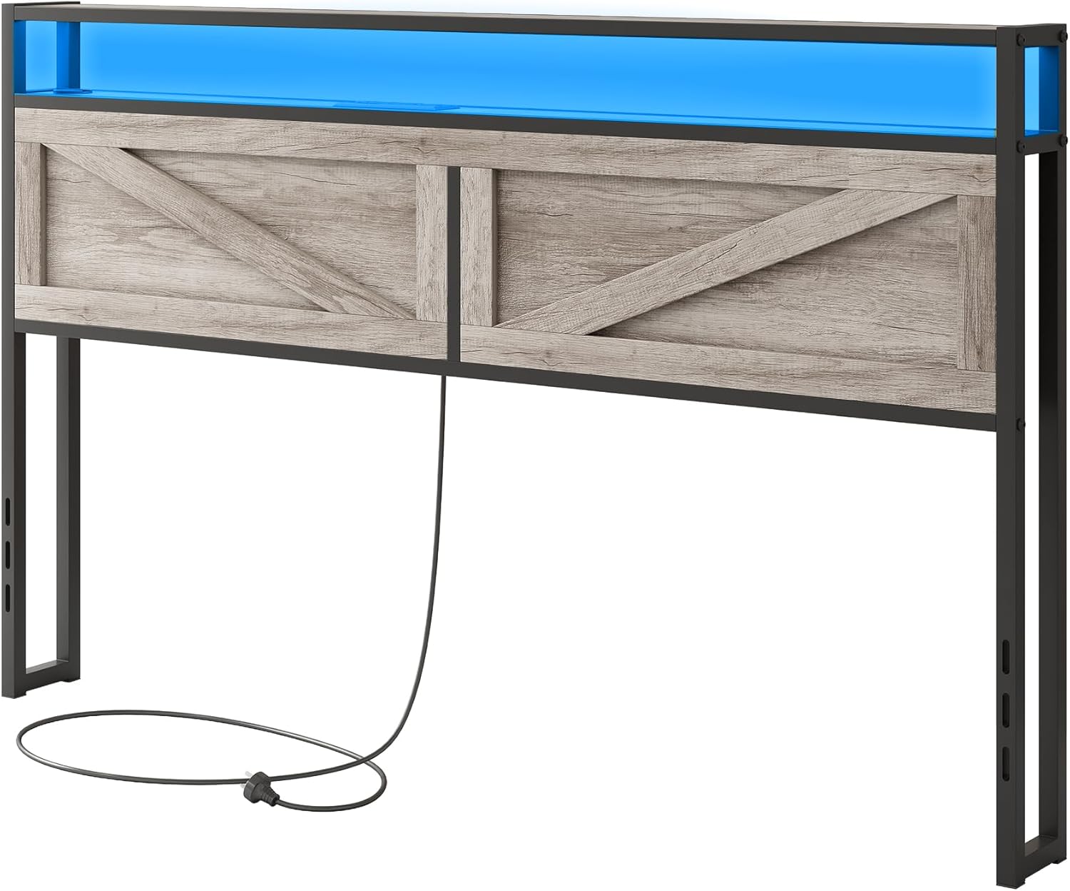 Queen Bed Frame Headboard, platform bed with storage & LED Light, Headboard with 2 Outlets USB and Type C Port, Farmhouse Bed, Attach Frame, Easy to Assembly, Wash Grey Wash Grey Queen