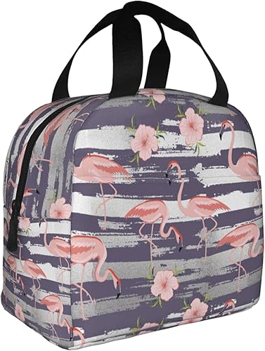 Miniatura 2 de Lonchera con diseño de flamenco rosa, con diseño de flores en acuarela, aisladas, a rayas moradas y grises, impermeable, bolsa de almuerzo