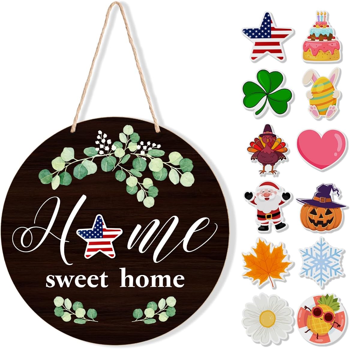 Interchangeable Welcome Sign Valentine's Day Front Porch Decor, Rustic Round Wood Wreaths Wall Hanging Door Decoration, Home Sweet Home Sign for Spring Summer Fall Winter All Seasons Holiday