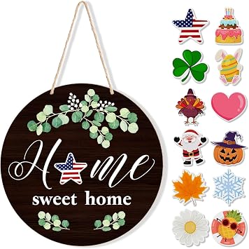 Interchangeable Welcome Sign Summer Patriotic 4th of July Front Porch Decor, Rustic Round Wood Wreaths Wall Hanging Door Decoration, Home Sweet Home Sign for Spring Fall Winter All Seasons Holiday