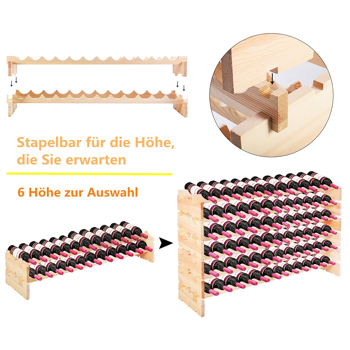 RELAX4LIFE Weinregal Kiefer, Weinschrank für 72 Weinflaschen, 6 Höhe Stapelbar, Weinständer für Küche & Wohnzimmer & Kneipe & Bar, ideale Weinfalschenregal für Weinliebhaber und Sammler, Natur