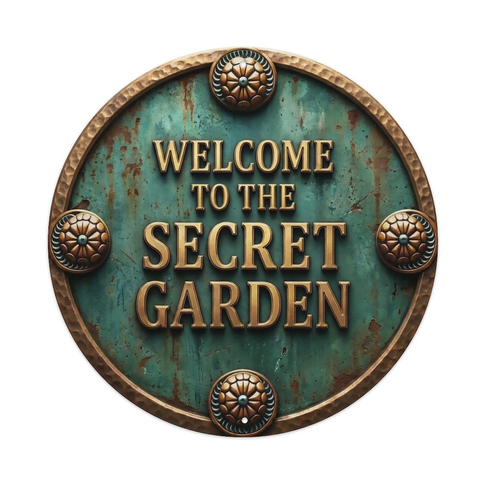Vintage Welcome Secret Garden Copper Teal Weathered Metal Tin Sign
