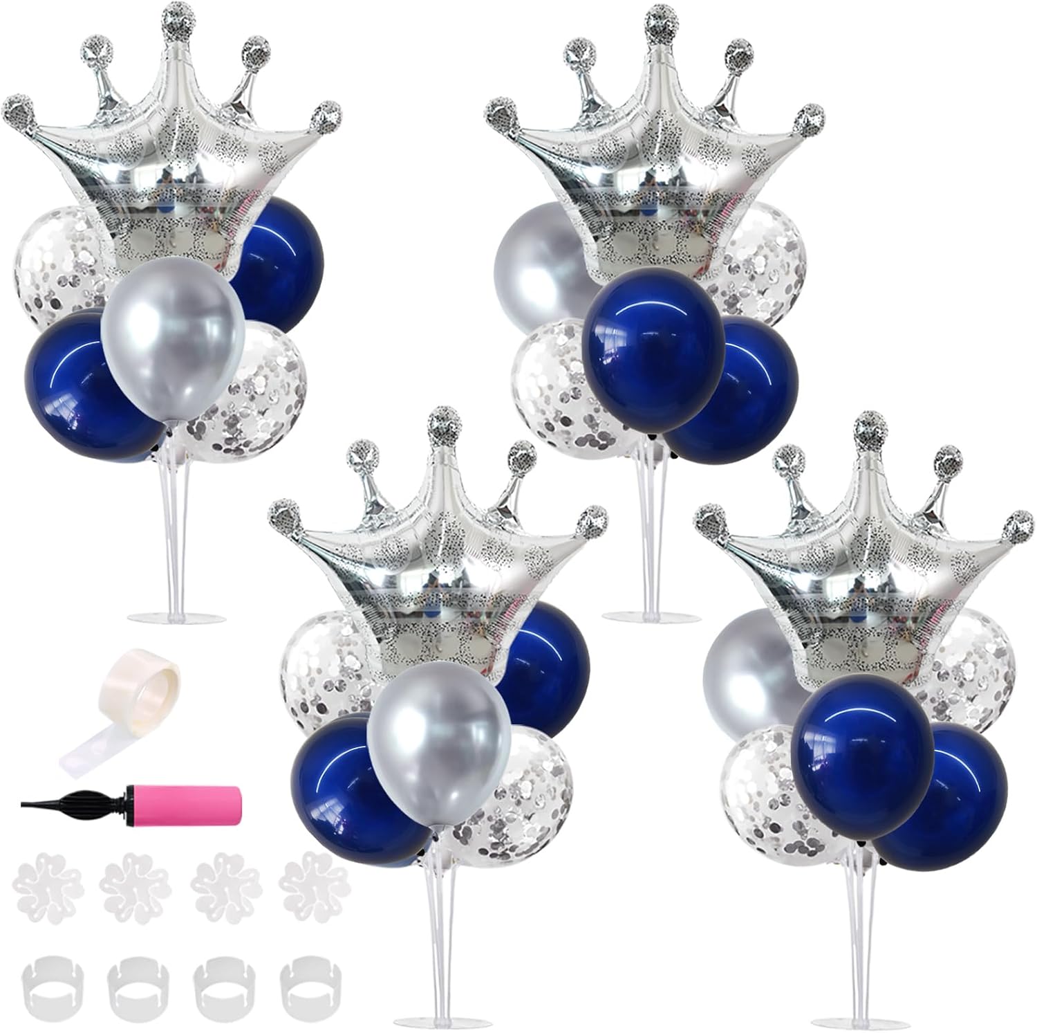 TONIFUL Table Centerpiece Balloons Stand Kit Include Blue Silver Latex Confetti Balloons and Foil Crown Balloon for Birthday Baby Shower,2025 Graduation Anniversary Table Party Decorations