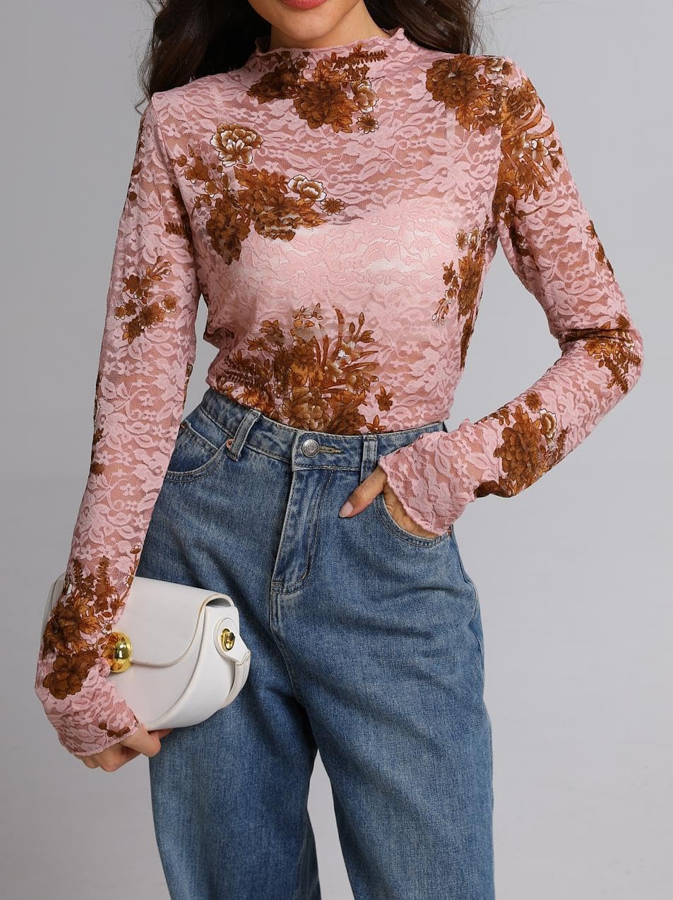 IWOLLENCE Women's Sexy Lace Long Sleeve Mock Neck Tops Trendy Floral See Through Blouse Western Sheer Mesh Shirts - Image 3