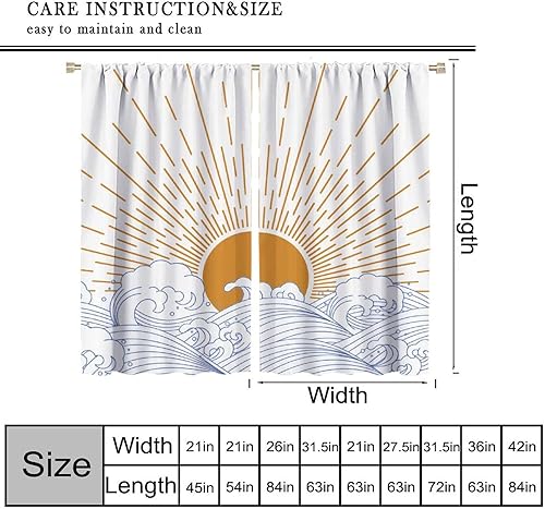 Miniatura 2 de Cortinas retro para atardecer, estilo bohemio de mediados de siglo, modernas, abstractas, amanecer japonés, azul, con ondas oceánicas, para