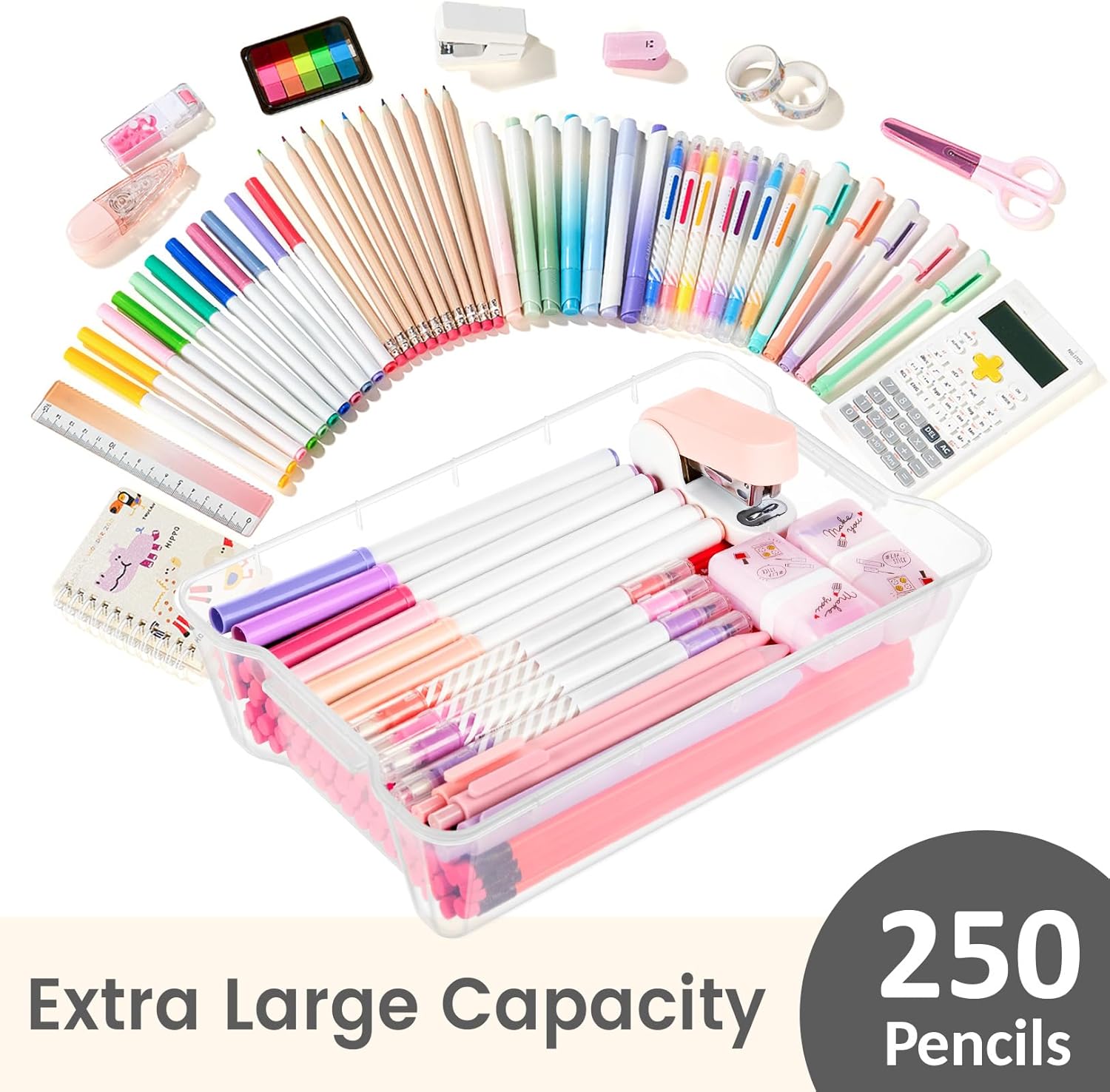 Sooez 6 Pack Pencil Boxes, New Extra Large Pencil Case, Plastic Crayon Pen Box, Clear Marker Organizer Craft Storage, Plastic Containers with Lids, Stackable Art Storage Box for School Supplies, Grey - Image 4