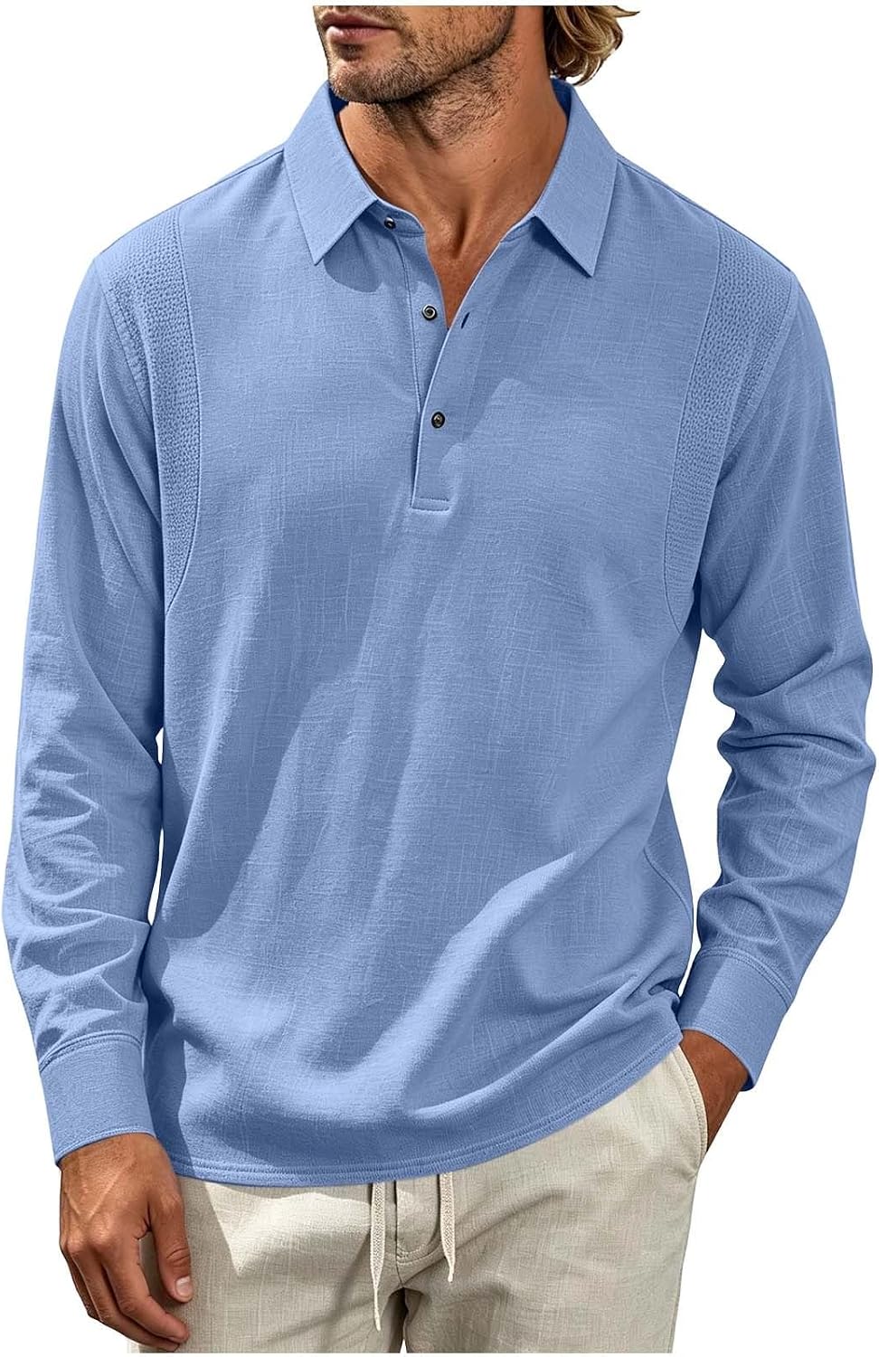 Men Long Sleeve Polo Shirt Button Front Mesh Splice Casual Pullover