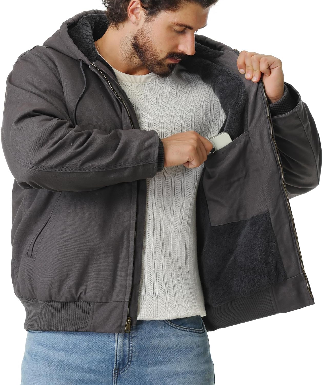 Men's Work Coat Washed Duck Fleece Lined Waterproof Workwear Fit Relaxed Winter Hooded Active Jacket - Image 4