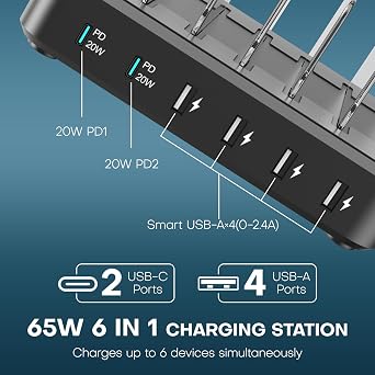 Charging Station for Multiple Devices,65W 6 Port Multi USB C Fast Charger Station with 6 Mixed Charging Cables,Charging Dock Compatible with iPhone iPad,Cell Phone,Tablets Android and More