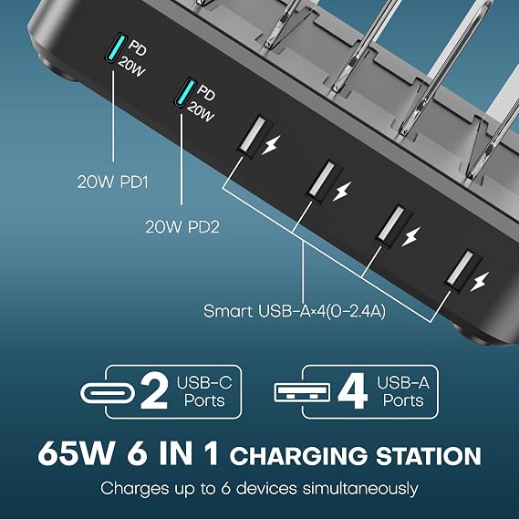 Charging Station for Multiple Devices,65W 6 Port Multi USB C Fast Charger Station with 6 Mixed Charging Cables,Charging Dock Compatible with iPhone iPad,Cell Phone,Tablets Android and More