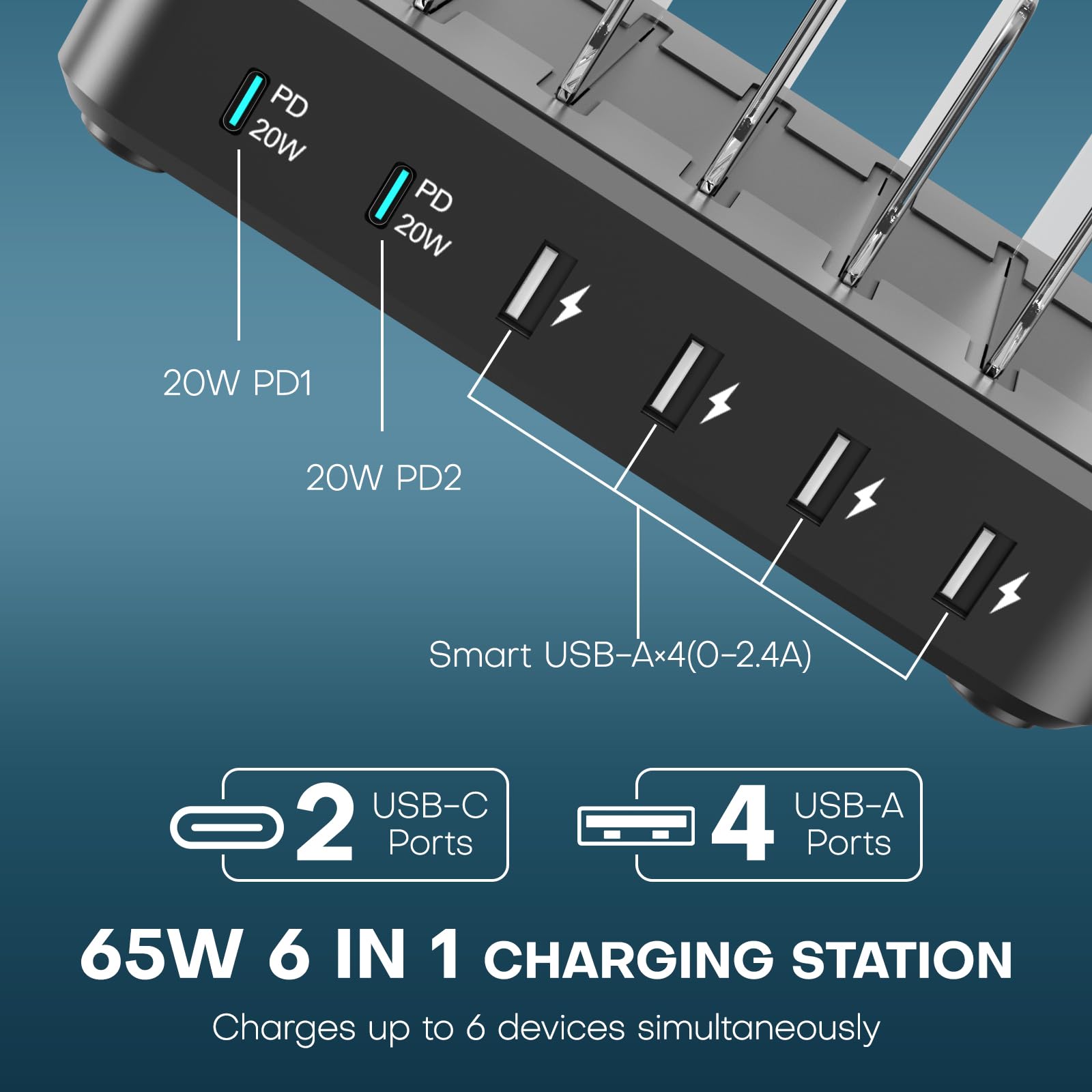 Charging Station for Multiple Devices,65W 6 Port USB C Charger Station with 2 20W PD USB C Port, 6 Short Cables Included,Compatible with iPhone iPad,Tablets Android and More (Black)