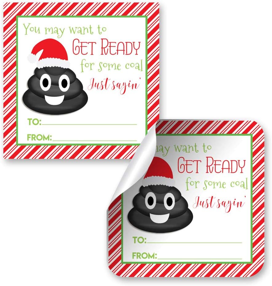 Christmas Coal Poop Emoji Gag Gift Tag Stickers, Set of 12 2.5 X 2.5 Funny Square Present Labels by AmandaCreation