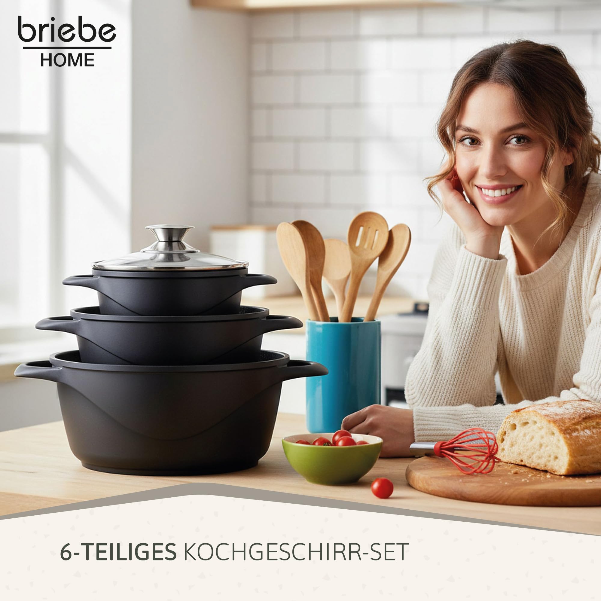 briebe Topfset Induktion 6-Teilig, Kochtopf Set 3 Töpfen aus Aluminiumguss, Antihaftbeschichtung ILAG GRANITEC ohne PFOA, Deckeln aus Glass, Topfhandschuhe Silikon, Glaskeramik, Gas, Ofen, MGK-18