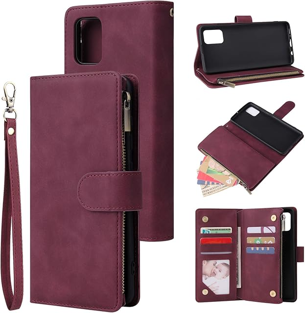 QLTYPRI Case for Samsung Galaxy A53 5G, Large Capacity Leather Wallet Case 6 Card Holder & 1 Zipper Pocket Kickstand Wrist Strap Magnetic Protective Cover for Samsung A53 5G - Wine Red