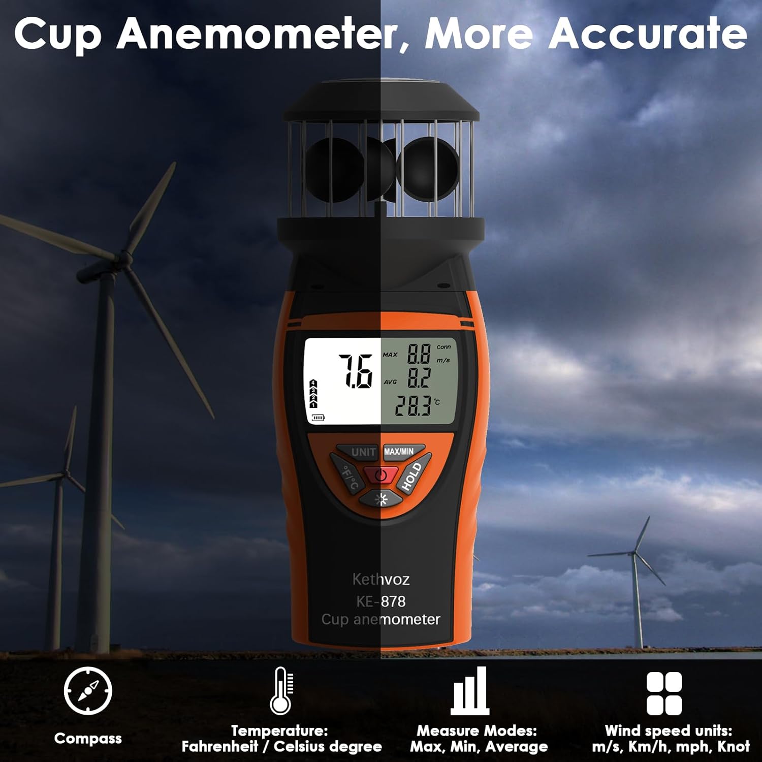 Handheld Cup Anemometer, Kethvoz Digital Air Flow Meter Measure Wind Speed up to 42m/s, Test Temperature for Shooting Hunting Paragliding Outdoor Activities