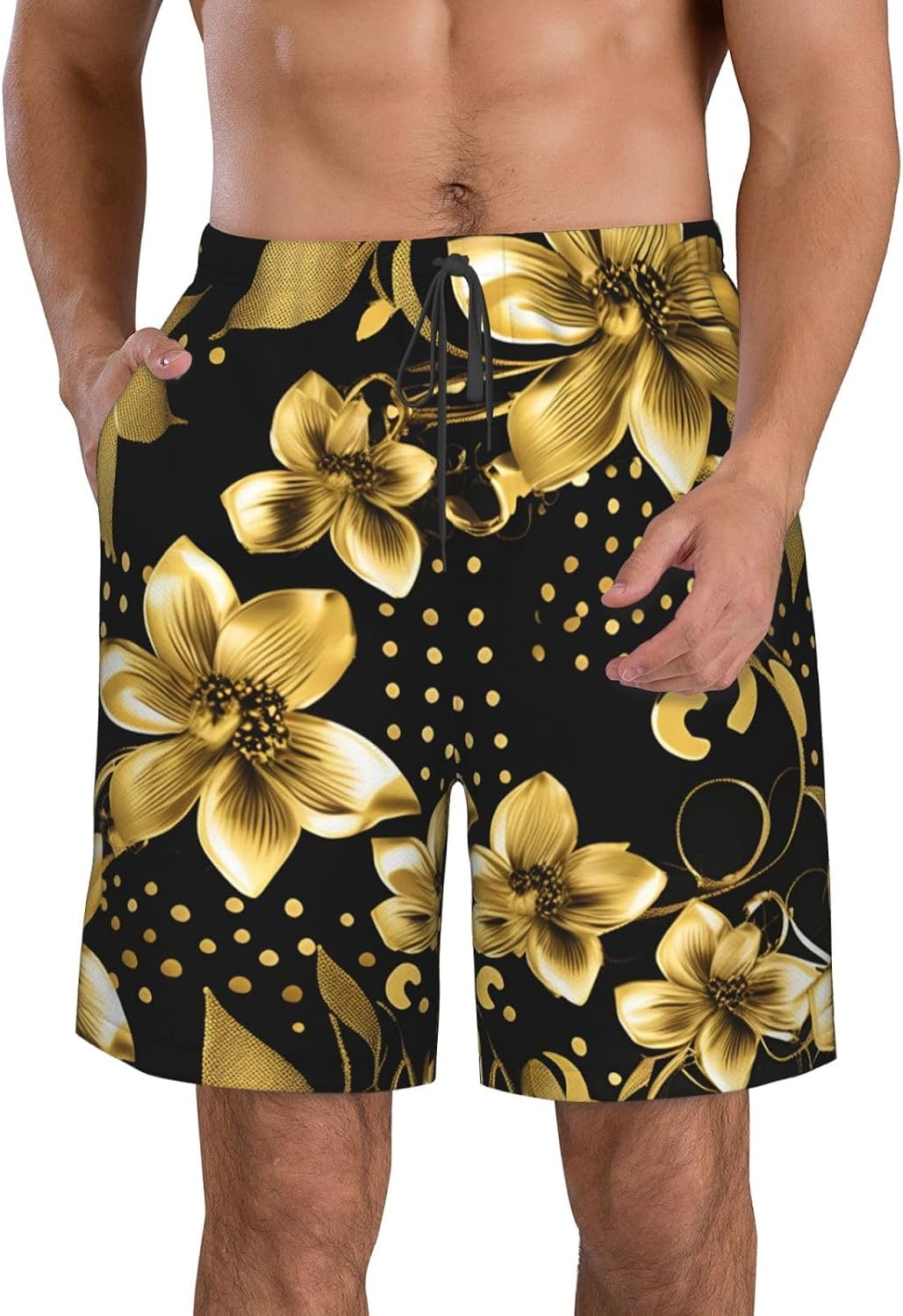 Mens Black and Gold Flowers Print Beach Shorts,Casual Summer Shorts for Men,Quick Dry Polyester
