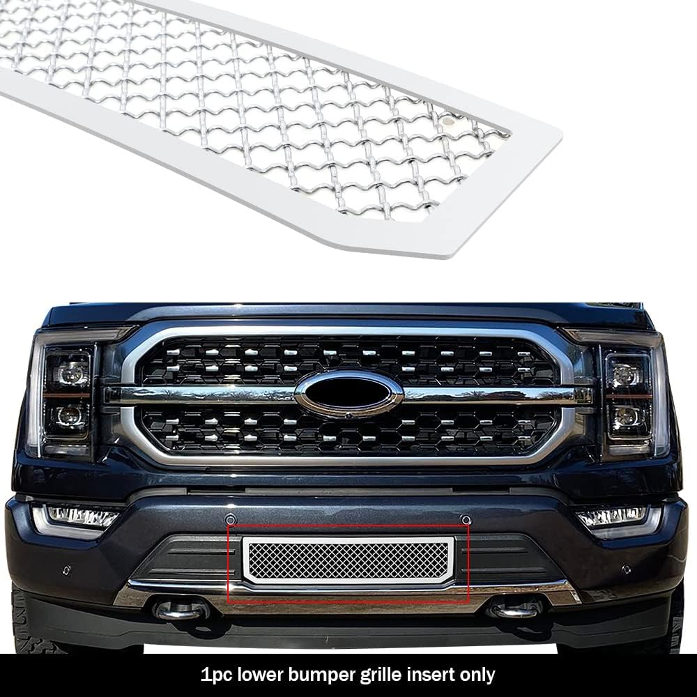Detallada view of the APS N19-S43267F lower bumper grille insert and its installation area on a Ford F-150