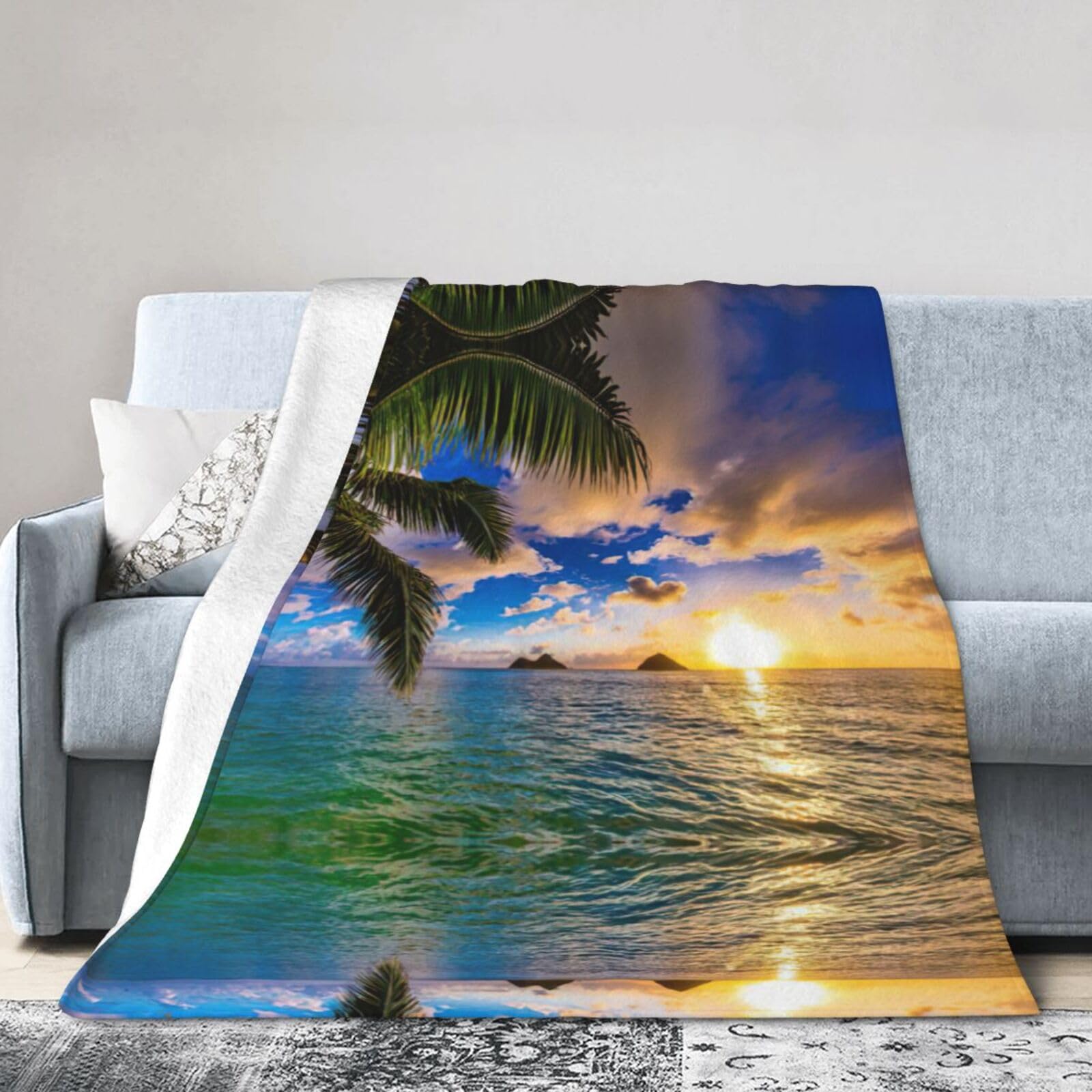 Uusnwaa Soft Cosy Fleece Warm Throw Tropical Hawaii Palm Tree Ocean Sea Sunset Print Blanket
