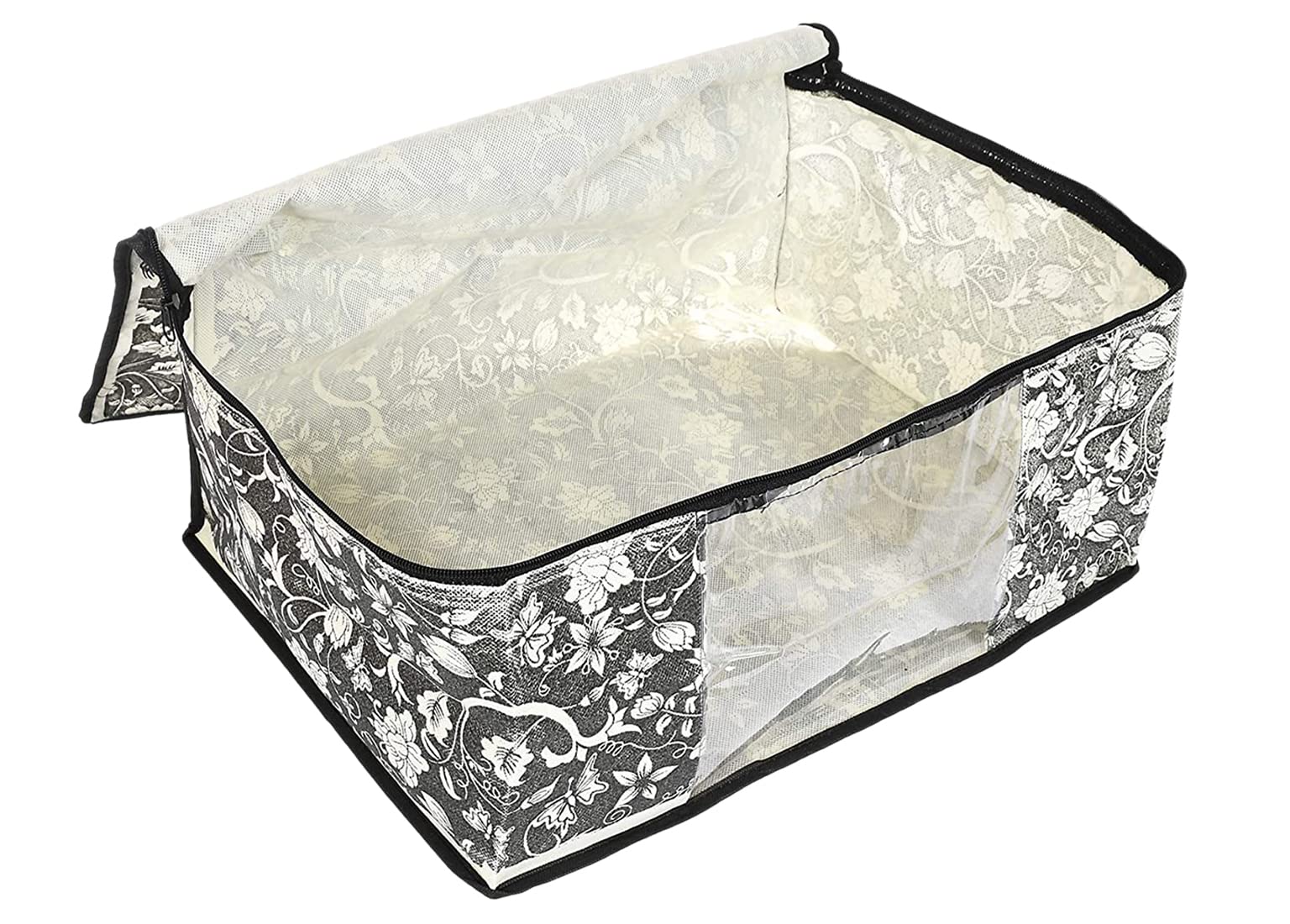 Kuber Industries Funda para ropa no tejida con diseño de flores, organizador con ventana transparente, paquete de 12 (gris y crema)-44KM0360
