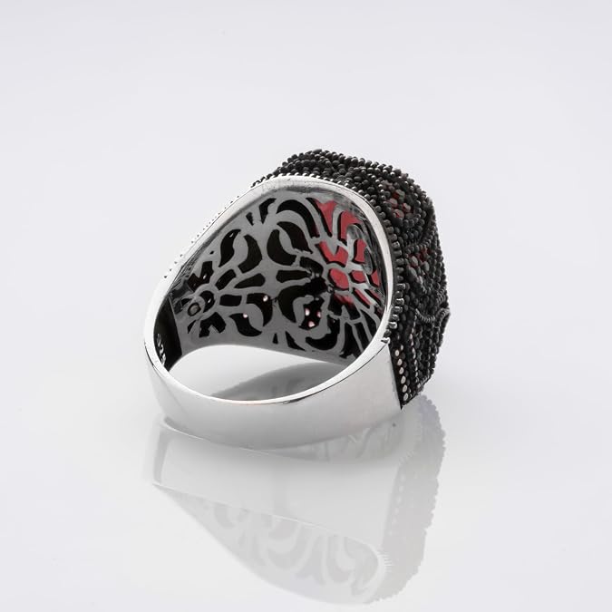 925 Sterling Silver Men's Ring RED Agate Stone with Mini Zircon Decoration on the Sides