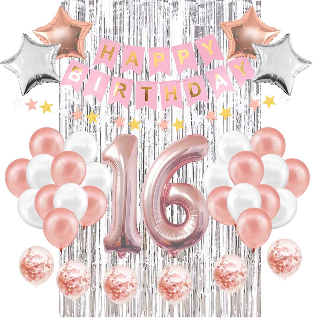 EASTiii 16th Birthday Decorations Party Supplies, Happy Birthday Banner, 16th Rose Gold Number Balloons, 16 Years Old Birthday Decoration Supplies Sweet Sixteen Decorations, 16th Anniversary