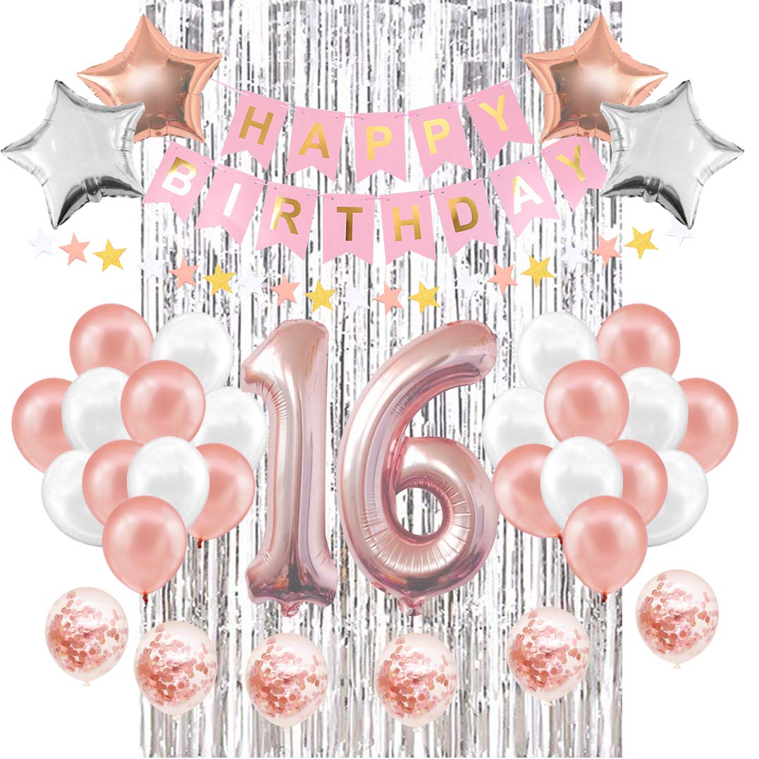 EASTiii 16th Birthday Decorations Party Supplies, Happy Birthday Banner, 16th Rose Gold Number Balloons, 16 Years Old Birthday Decoration Supplies Sweet Sixteen Decorations, 16th Anniversary