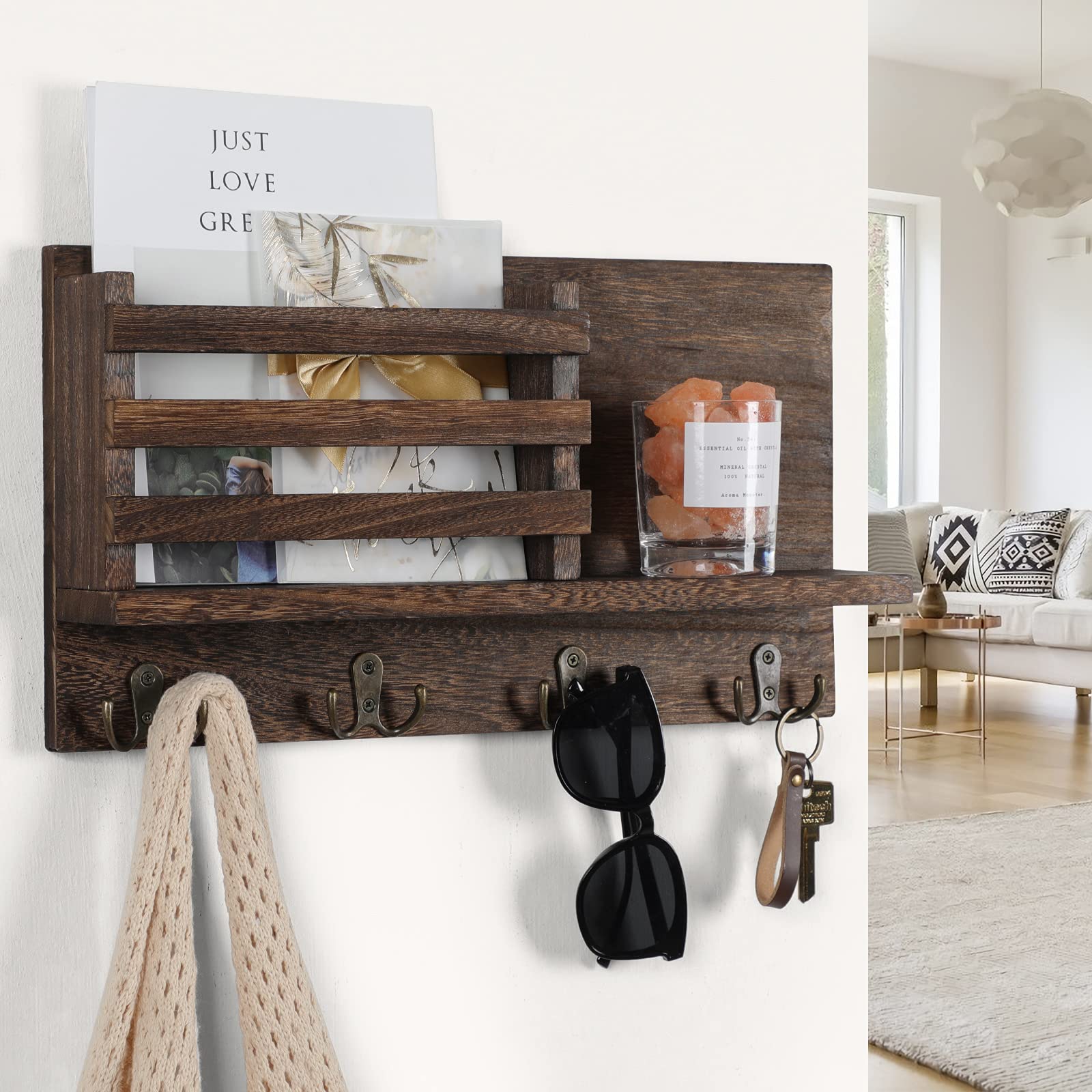 Portachiavi Da Parete KISENG Con Mensola E 5 Ganci – In Legno Paulownia, Organizer Per Posta, Per Ingresso - 5