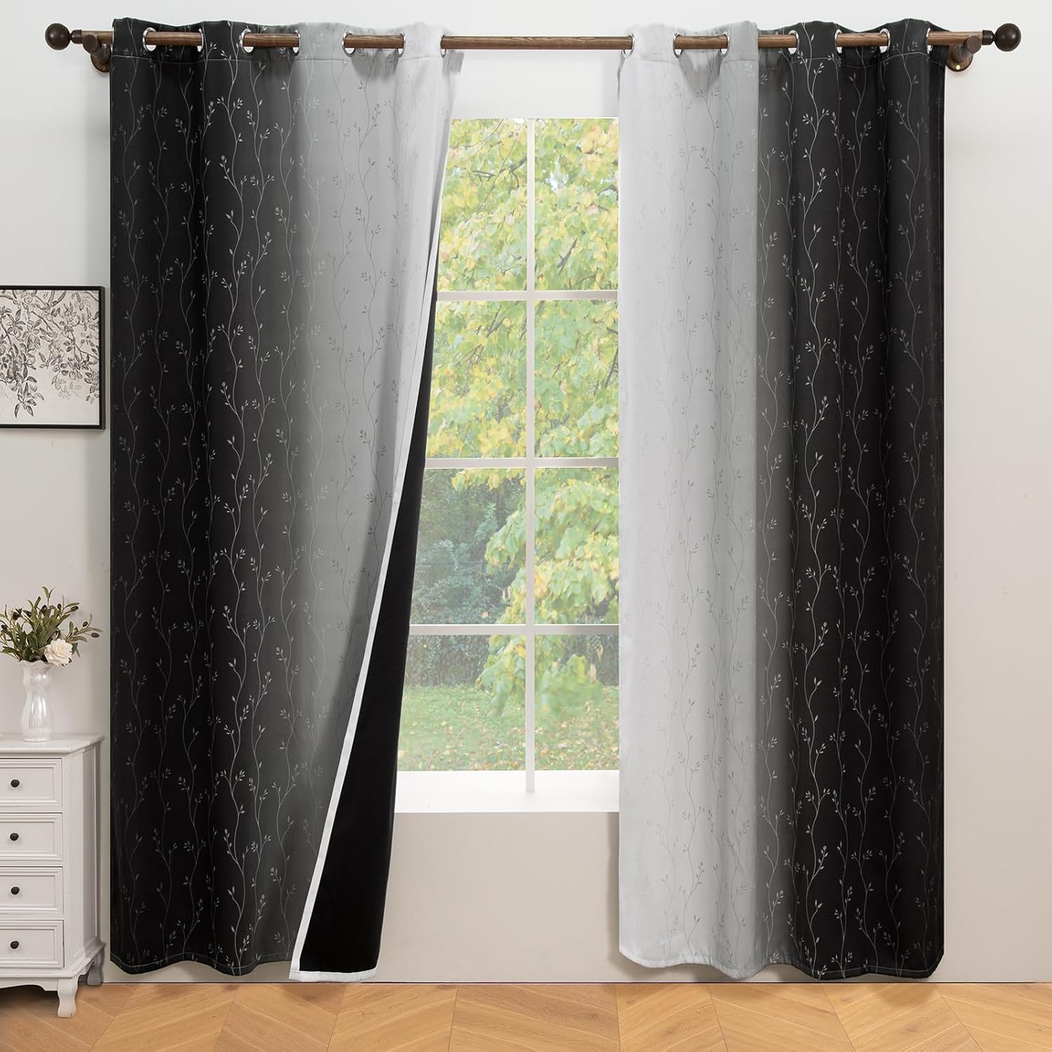 ColorBird Blackout Curtains 84 Inch Length 2 Panels Set Ombre Black and White Floral Thermal Insulated Window Treatment Modern Patterned Curtain Drapes for Bedroom Living Dining Room Closet Guest Room