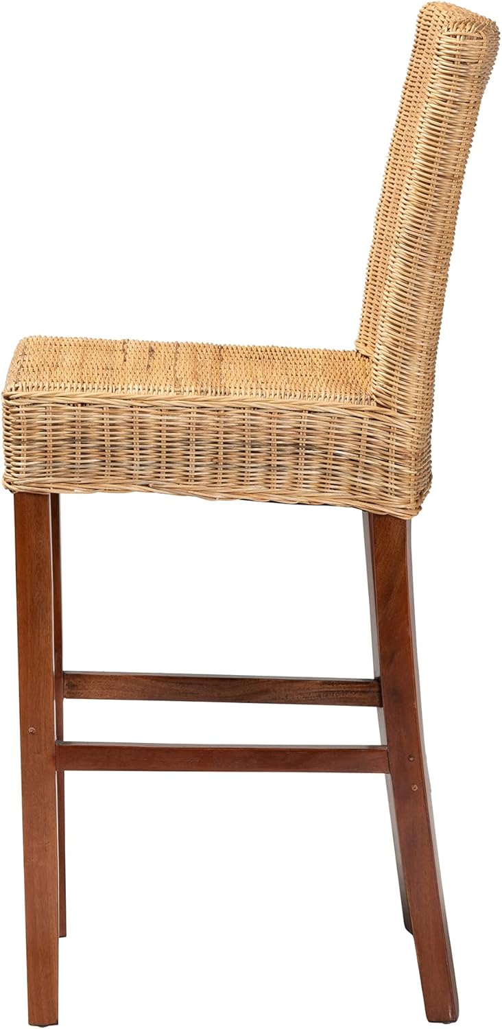 Baxton Studio Racquel Modern Bohemian Natural Rattan and Mahogany Wood Bar Stool