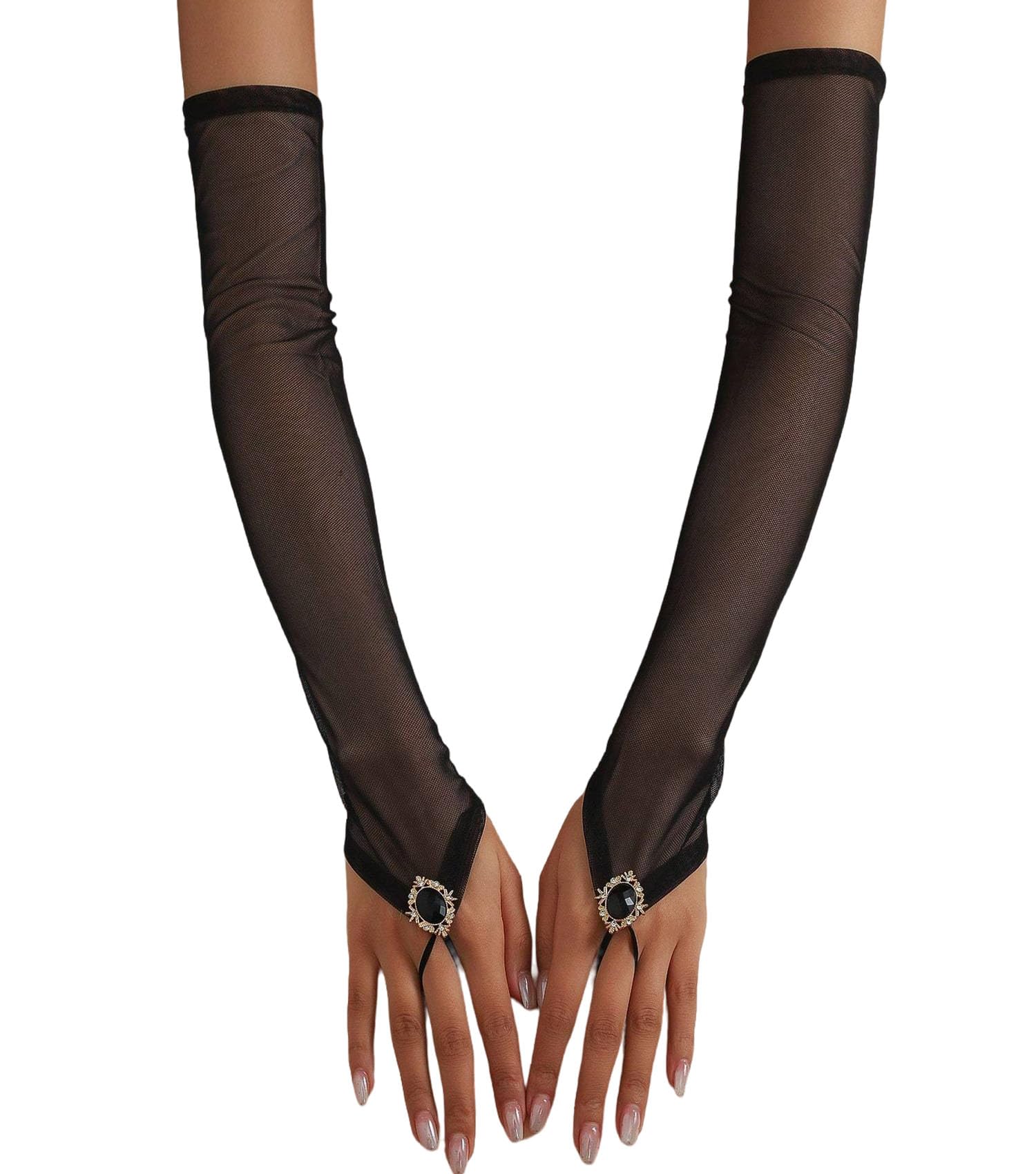 Amazleer Long Fingerless Gloves, Tulle Mesh, Women's Sheer Gloves for Wedding Opera, Party, Halloween Costume (Black, Long)