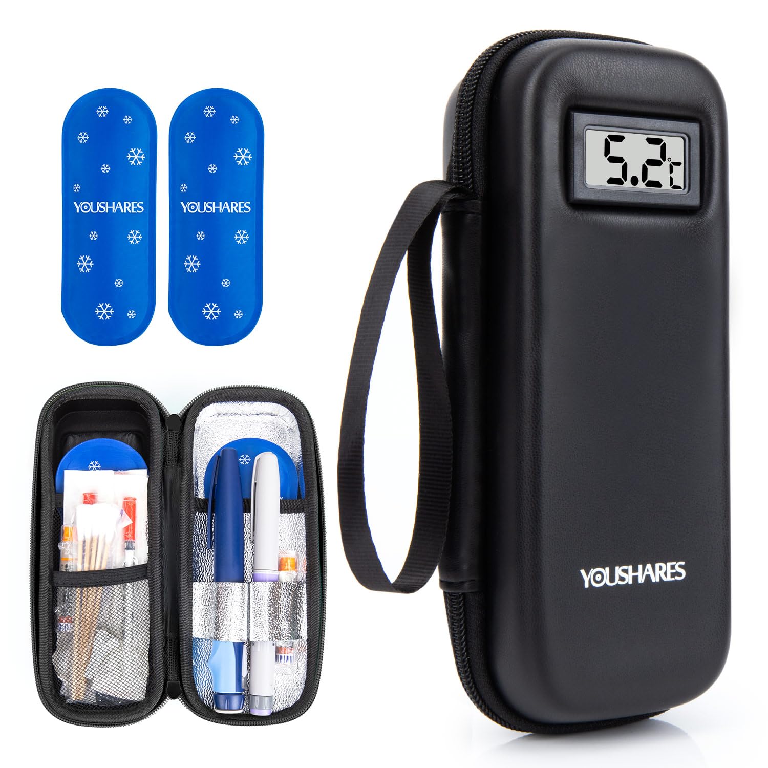 YOUSHARES Bolsa enfriadora para insulina con 2 Bolsas de Hielo refrigerado TSA, Mini Enfriador de medicamentos para Viajes, Estuche Aislado para insulina y Otros Accesorios, Bolso diabético (Negro)