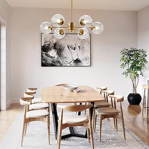 Miniatura 9 de KCO Lighting Modern - Lámpara de araña Sputnik de 6 luces con globo de vidrio transparente, lámpara colgante de techo ajustable de mediados de