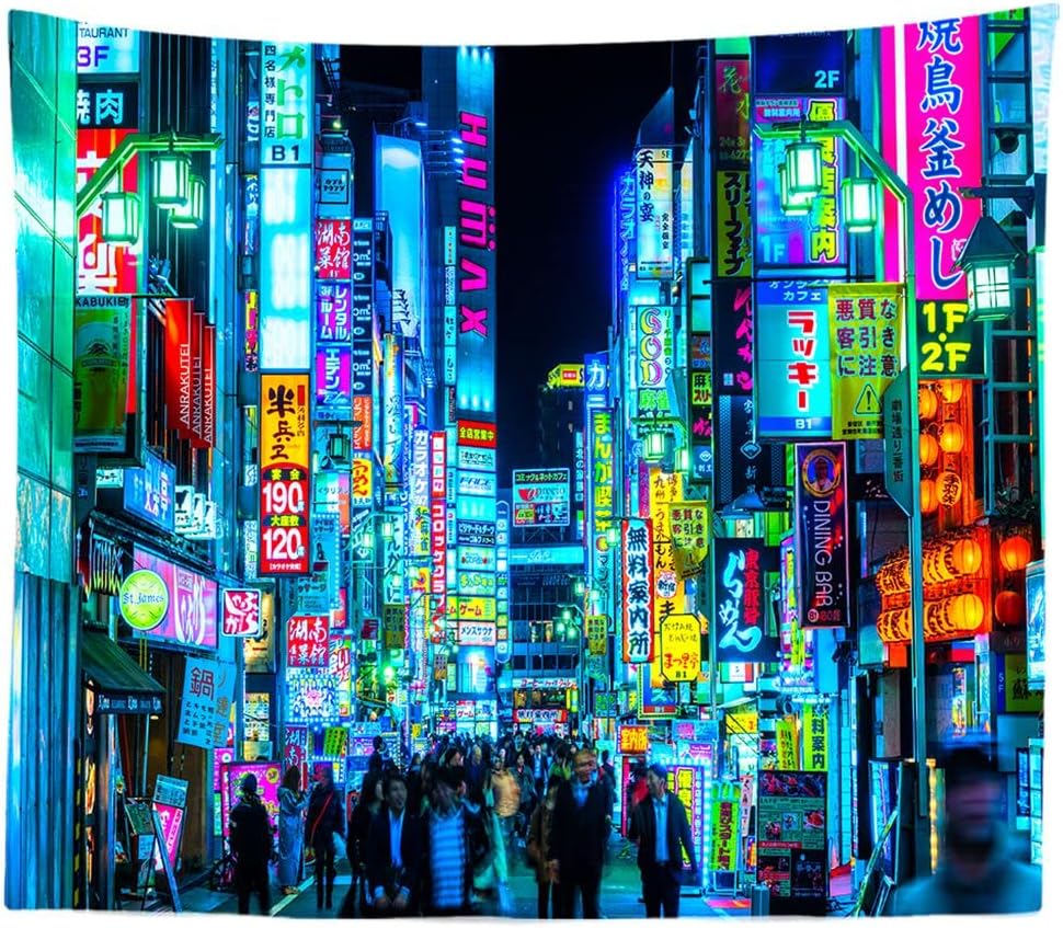 BULOR Japan Shinjuku Kabuki-cho Night Tapestry Punk Japanese Tokyo Billboards District City Art Wall Hangings for Living Room Bedroom Dorm Man Cave Background(80x60 Inch)