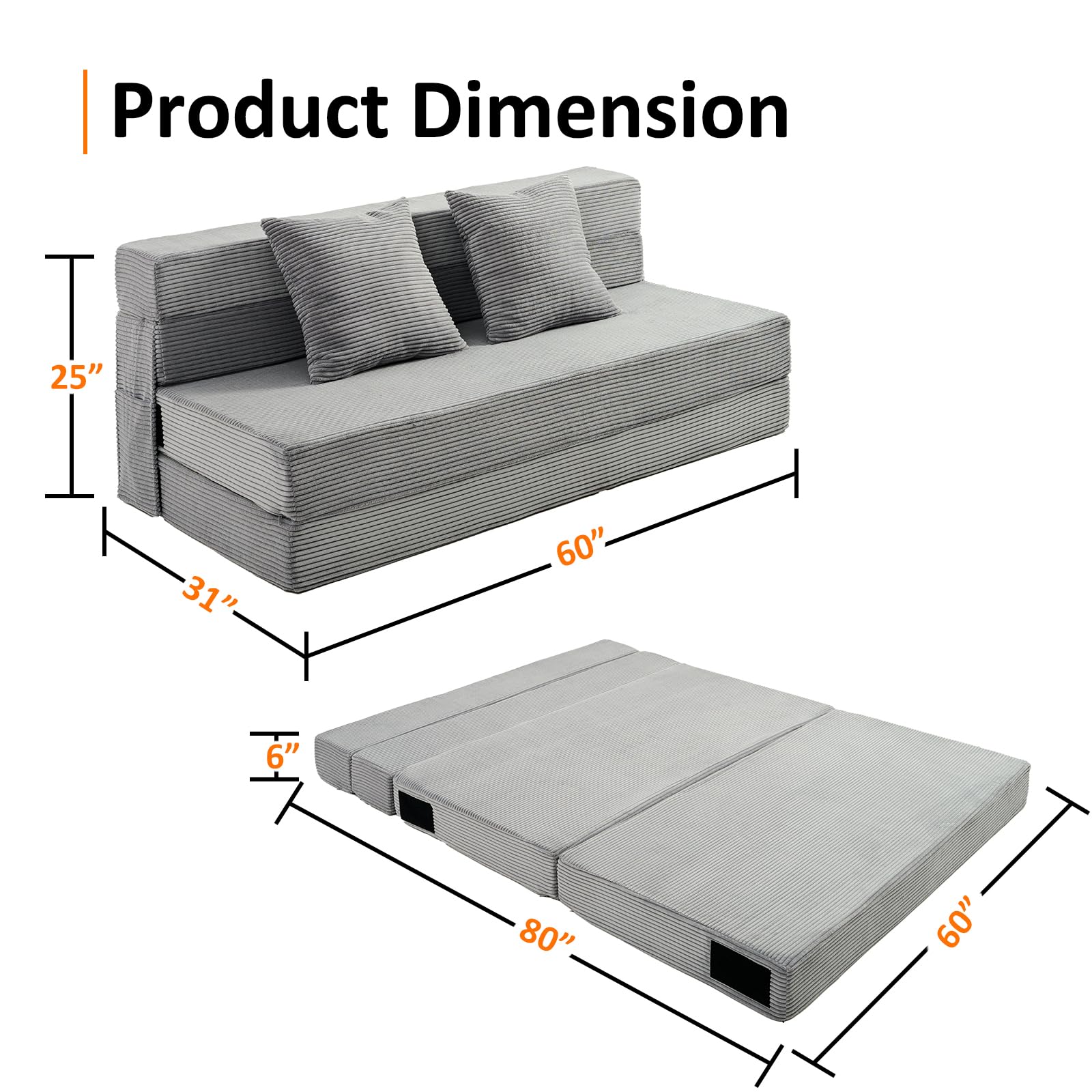 Queen Size Folding Sofa Bed - 4 in 1 Convertible Sleeper Chair with Two Pillows - High Density Memory Foam Futon Couch - Foldable Bed for Living Room Bedroom (Dark Grey)