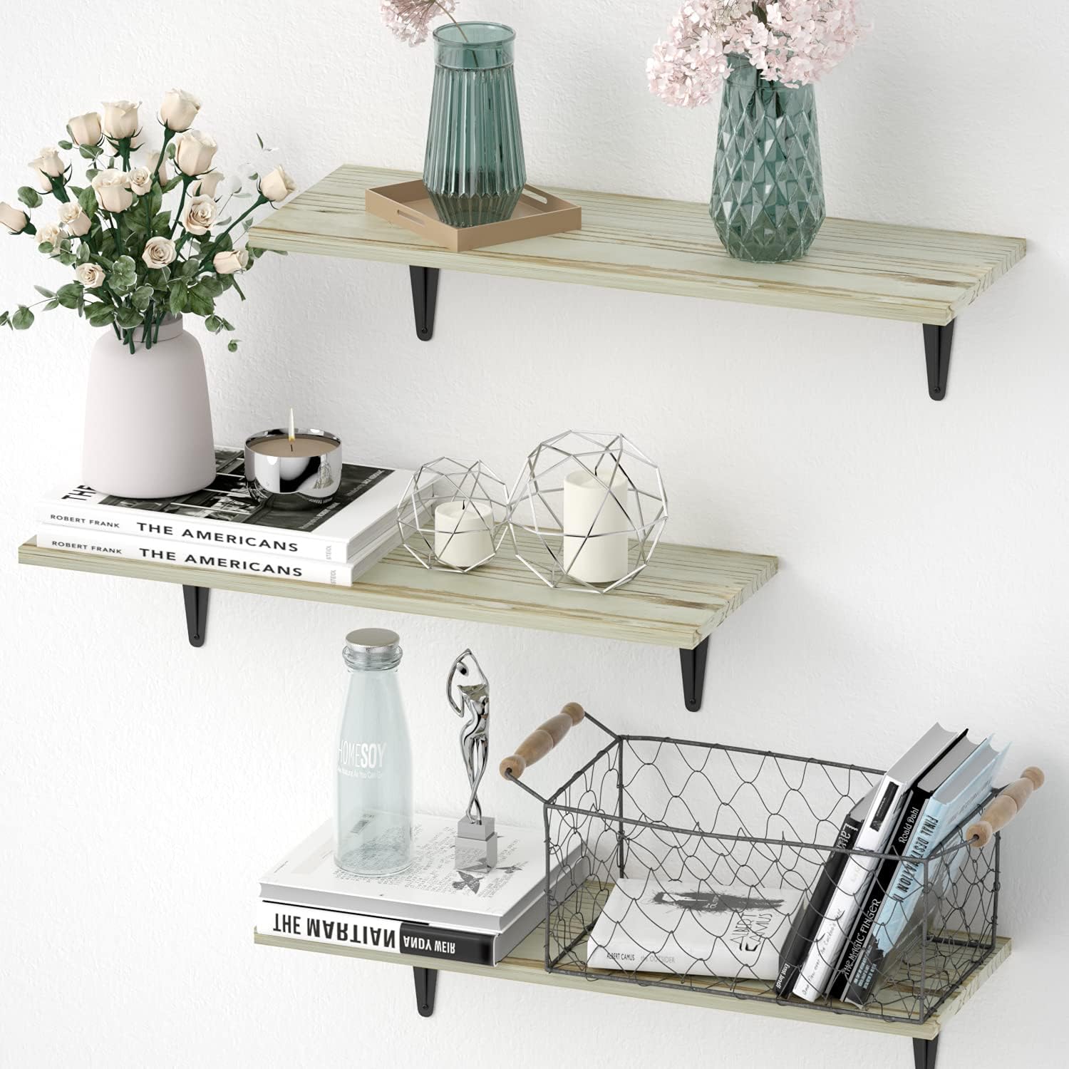 BAMEOS Floating Shelves, Rustic Wood Wall Storage Shelves, Wall Mounted Shelf Organizer Set of 3 for Living Room, Bedroom, Kitchen, Bathroom, Office (Carbonized Green)