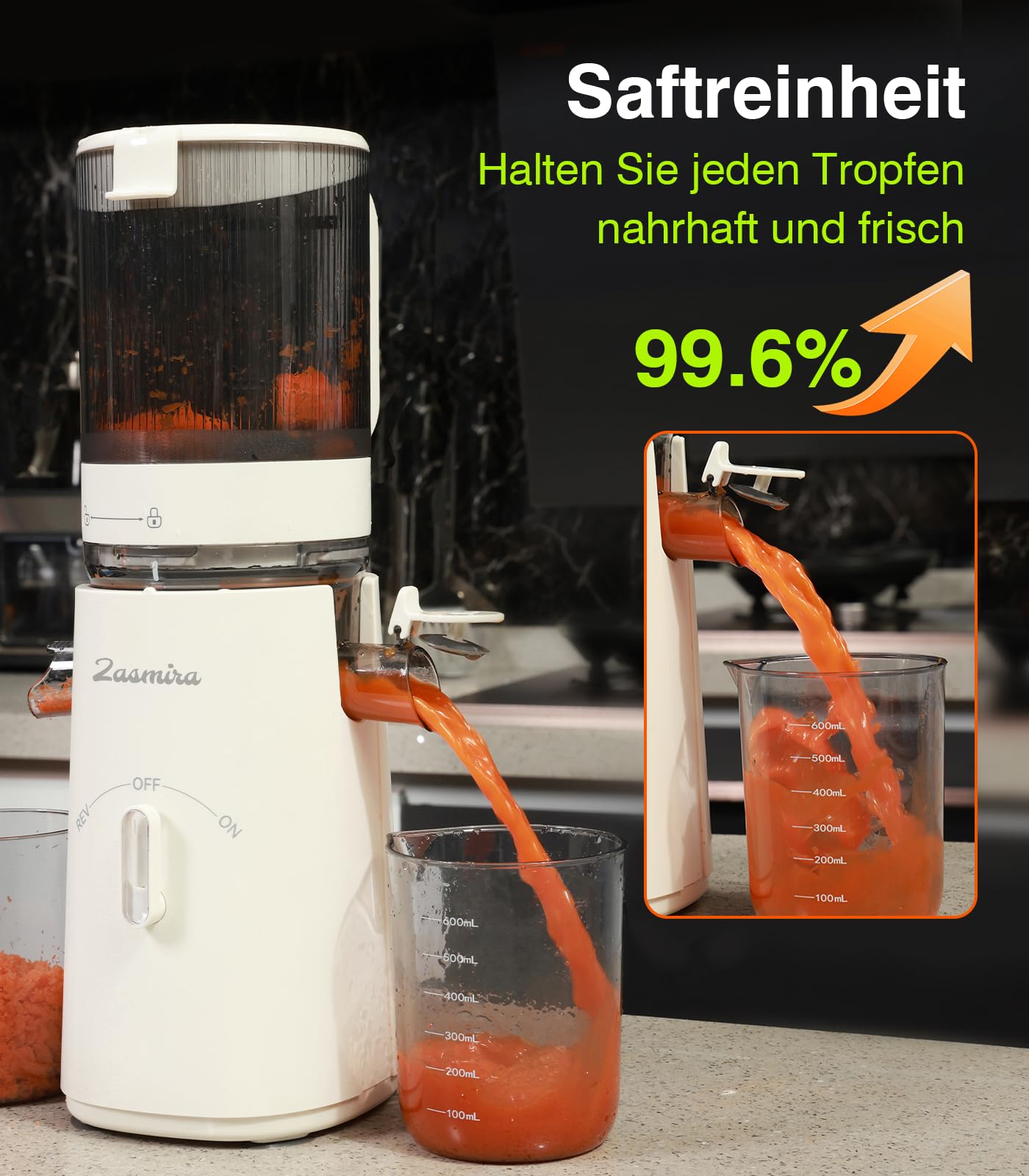 Zasmira Slow Juicer 120 mm Breiter Einfüllschacht Hohe Saftausbeute Gemüse Obst Weiß