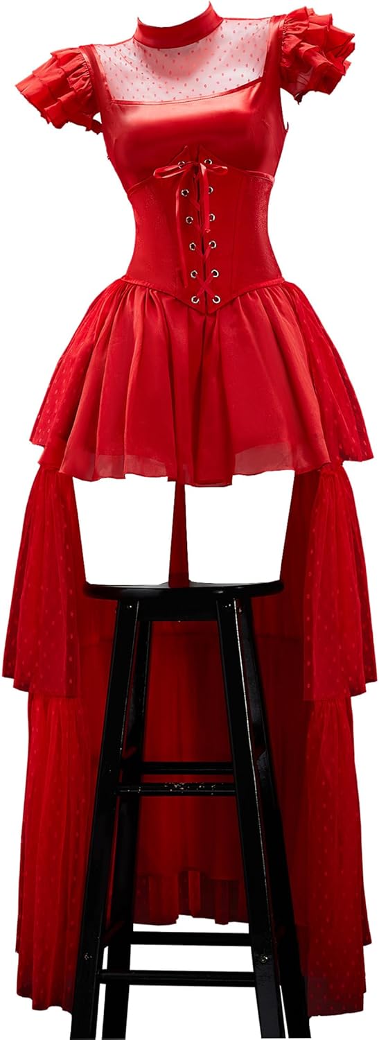 MEOWCOS Gothic Dress Halloween Punk Dress Polka Dot Mesh Patchwork Dress with Corseted Trailing Tail Veil