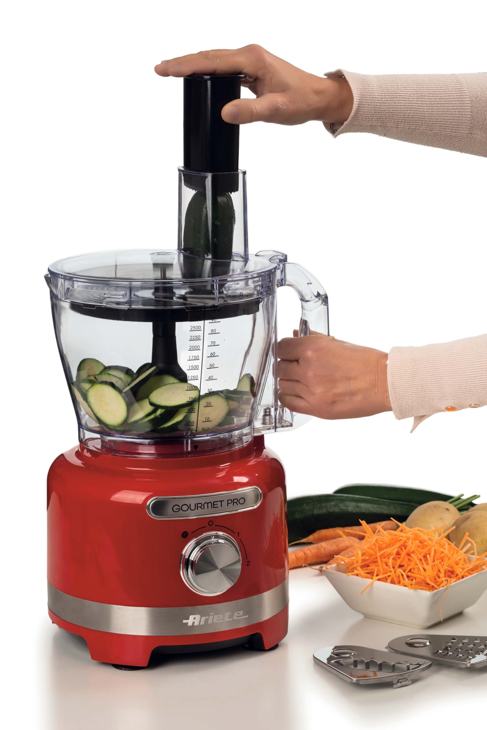 Ariete 1782 Gourmet Pro Moderna, Robot da cucina, Tritatutto 3L, Frullatore 2L, 2 velocità + Pulse, Set di lame + Disco in acciaio inox, Accessorio spremiagrumi, Rosso