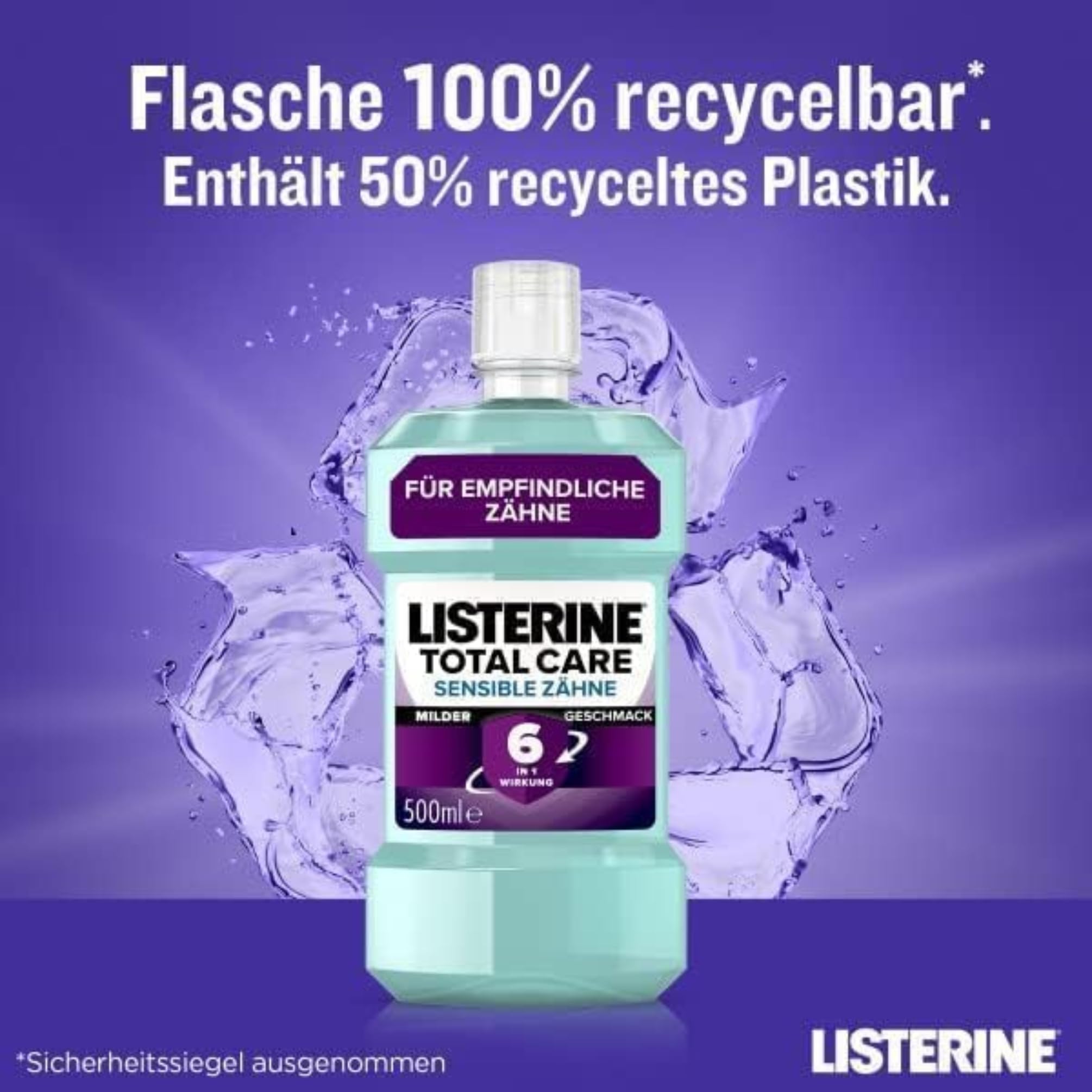 LISTERINE Total Care Sensible zęby (500 ml), antybakteryjny płyn do płukania jamy ustnej dla wrażliwych na ból zębów o działaniu 6 w 1, łagodny płyn do płukania jamy ustnej chroni przed problemami z