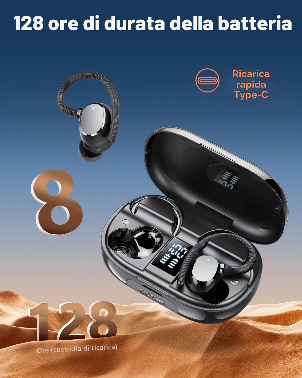 Cuffie Bluetooth, 2025 nuovo Auricolari Bluetooth 5.3 Stereo HiFi con 4 ENC Mic,Cuffie Wireless con LED Display 128Ore, Cancellazione Rumore Cuffiette Bluetooth, Touch Control, IP7 Impermeabile