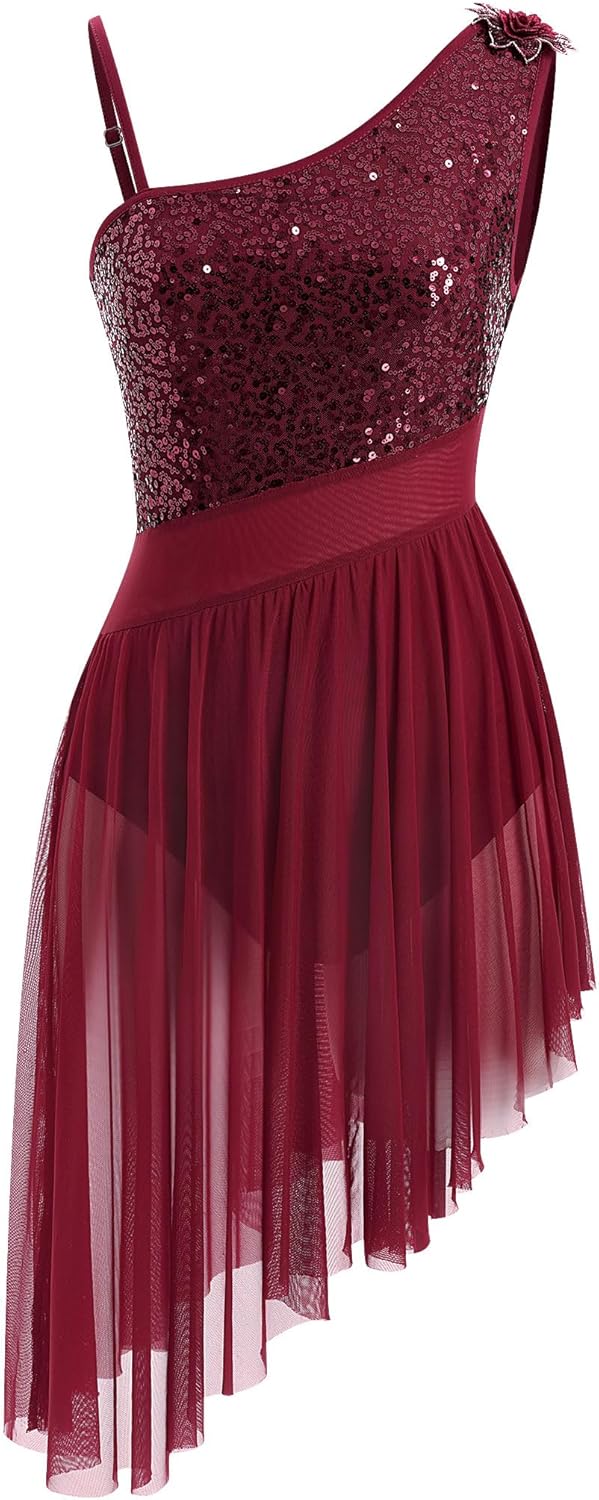 AFAVOM Women's Lyrical Dance Costume Sequin Flower Lyrical Dress Asymmetric Flowy Tulle Skirt Contemporary Dance Costumes
