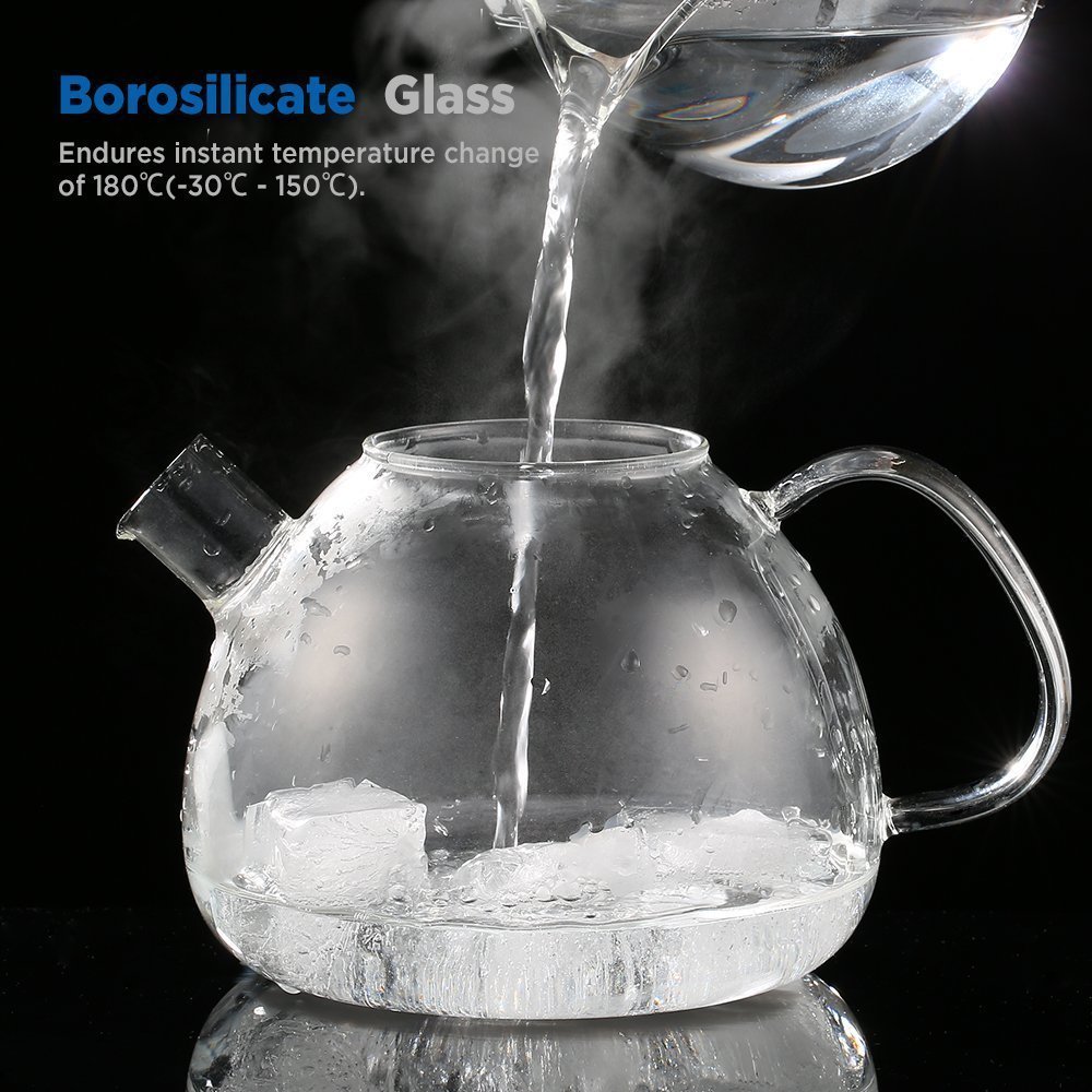 ecooe Tetera de vidrio para té 1500 ml con colador de acero inoxidable extraíble jarra de vidrio que se calienta en la estufa