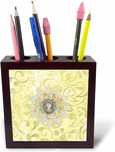 3dRose Image of Cameo in Gold, Yellow Lace Flora Design - Tile Pen Holders (ph-378318-1)