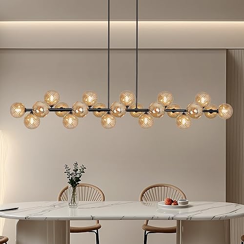 Candelabro lineal moderno de 22 luces Sputnik con pantalla de vidrio a rayas ámbar de 70 pulgadas de largo para comedor, sala de estar, isla de