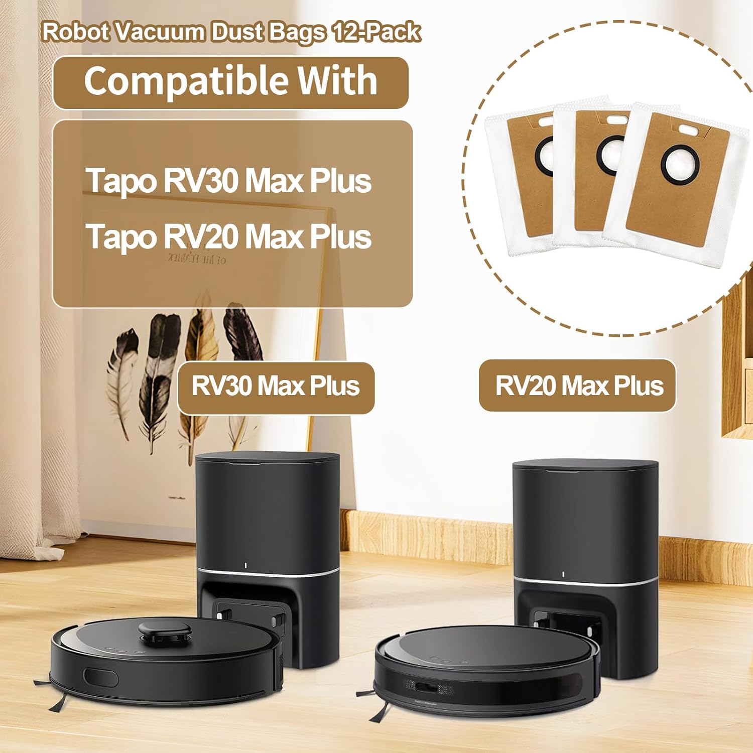 12 Pack Dust Bag Replacement Parts Compatible with Tapo RV30 Max Plus/RV20 Max Plus and RVA202 Robot Vacuum Cleaner,3L Large Capacity Non-Woven Vacuum Bags